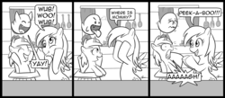 Size: 1500x656 | Tagged: safe, artist:madmax, derpy hooves, dinky hooves, ghost, pegasus, pony, undead, unicorn, g4, boo (super mario), comic, female, filly, kitchen, male, mare, mario, monochrome, peekaboo, super mario bros., underp
