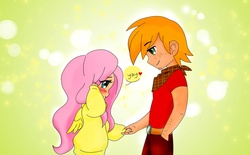 Size: 2474x1530 | Tagged: safe, artist:girlofthe21stcentury, big macintosh, fluttershy, human, g4, abstract background, blushing, clothes, cute, female, humanized, male, ship:fluttermac, shipping, straight, sweater, sweatershy, winged humanization, wings, yay