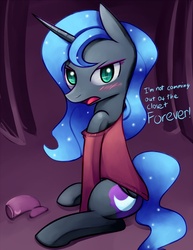 Size: 927x1200 | Tagged: safe, artist:negativefox, nightmare moon, alicorn, pony, g4, clothes, female, looking at you, mare, misspelling, off shoulder, sitting, solo, tsundere moon