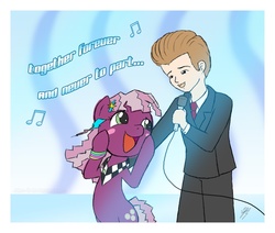Size: 975x825 | Tagged: safe, artist:jdan-s, cheerilee, earth pony, human, pony, g4, 80s, 80s cheerilee, abstract background, bipedal, blushing, female, human male, male, mare, microphone, rick astley, singing, together forever
