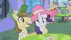 Size: 640x360 | Tagged: safe, screencap, hayseed turnip truck, pish posh, rarity, silver frames, swan song, earth pony, pony, unicorn, g4, sweet and elite, animated, bucktooth, clothes, female, gif, hat, male, mare, shaking, stallion, talking