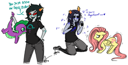 Size: 1159x593 | Tagged: safe, artist:squidbiscuit, fluttershy, spike, dragon, pegasus, pony, g4, crossover, equius zahhak, female, homestuck, l33tspeak, male, mare, scared, simple background, sweat, tail hold, terezi pyrope, trembling, troll (homestuck), white background