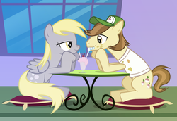 Size: 2047x1407 | Tagged: safe, artist:fizer, derpy hooves, hayseed turnip truck, earth pony, pegasus, pony, g4, bucktooth, derpseed, duo, eye contact, female, looking at each other, male, mare, milkshake, sharing a drink, shipping, stallion, straight, straw