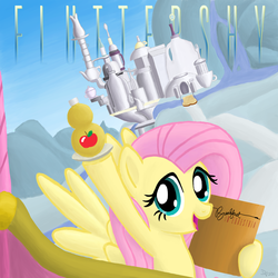 Size: 1000x1000 | Tagged: safe, artist:kefkafloyd, fluttershy, pegasus, pony, g4, album cover, apple, breakfast in america, cover, drink, female, mare, parody, ponified, ponified album cover, smiling, solo, supertramp