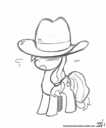Size: 833x1000 | Tagged: safe, artist:johnjoseco, applejack, earth pony, pony, g4, cowboy hat, female, filly, foal, grayscale, hat, monochrome, solo, younger