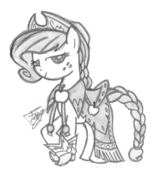 Size: 1996x2241 | Tagged: dead source, safe, artist:bronyfang, applejack, earth pony, pony, g4, clothes, crossed hooves, dress, female, gala dress, mare, monochrome, solo