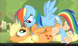 Size: 931x552 | Tagged: safe, edit, edited screencap, screencap, applejack, rainbow dash, earth pony, pegasus, pony, g4, season 2, the return of harmony, duo, duo female, eye contact, female, looking at each other, mare, on back, out of context