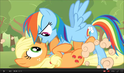 Size: 931x552 | Tagged: safe, edit, edited screencap, screencap, applejack, rainbow dash, earth pony, pegasus, pony, g4, my little pony: friendship is magic, season 2, the return of harmony, duo, duo female, eye contact, female, looking at each other, mare, on back, out of context