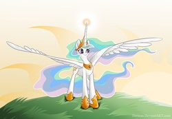 Size: 1300x900 | Tagged: safe, artist:keyfeathers, princess celestia, alicorn, pony, g4, crown, female, hoof shoes, jewelry, large wings, mare, regalia, solo, spread wings, sun, wings