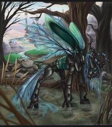 Size: 910x1028 | Tagged: safe, artist:keyfeathers, queen chrysalis, changeling, changeling queen, g4, canterlot, fangs, female, frown, realistic, signature, solo, standing, swamp