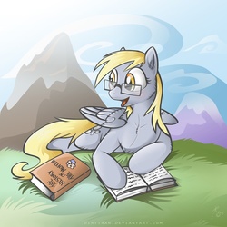 Size: 900x900 | Tagged: safe, artist:keyfeathers, derpy hooves, pegasus, pony, g4, book, female, glasses, mare, muffin, prone, smiling, solo, underp