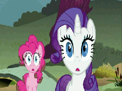 Size: 400x300 | Tagged: safe, screencap, pinkie pie, rarity, earth pony, pony, unicorn, g4, putting your hoof down, season 2, :o, animated, dirty, duo, eye shimmer, faint, falling down, female, gif, legs in air, mare, mud, on back, open mouth, reaction image, shocked, wide eyes, wrong aspect ratio
