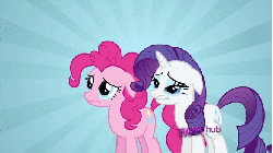 Size: 668x376 | Tagged: safe, screencap, pinkie pie, rarity, earth pony, pony, unicorn, putting your hoof down, season 2, abstract background, all new, animated, crying, duo, duo female, female, floppy ears, gif, hub logo, mare, sad, sunburst background, text
