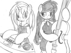Size: 800x603 | Tagged: safe, artist:tg-0, dj pon-3, octavia melody, vinyl scratch, earth pony, pony, unicorn, semi-anthro, g4, arm hooves, breasts, busty octavia melody, cello, clothes, dress, duo, duo female, female, keyboard, mare, monochrome, musical instrument, smiling, turntable