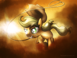 Size: 1024x768 | Tagged: safe, artist:fongsaunder, applejack, earth pony, pony, g4, abstract background, crepuscular rays, female, grin, lasso, mare, mouth hold, rope, running, smiling, solo