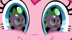 Size: 1000x563 | Tagged: safe, pinkie pie, spike, dragon, earth pony, pony, g4, close-up, eye, eyes, female, grin, male, mare, reflection, ship:pinkiespike, shipping, smiling, straight