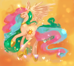 Size: 1900x1688 | Tagged: safe, artist:enigmatia, princess celestia, alicorn, pony, g4, abstract background, female, grin, lidded eyes, looking back, mare, rear view, smiling, solo