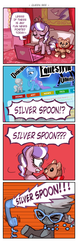 Size: 504x1610 | Tagged: safe, artist:emlan, diamond tiara, silver spoon, trixie, earth pony, pony, unicorn, equestria daily, g4, bed, blackletter, comic, computer, female, filly, glasses, gritted teeth, laptop computer, phone, yelling