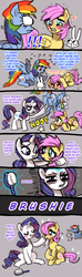 Size: 506x1708 | Tagged: safe, artist:emlan, angel bunny, fluttershy, rainbow dash, rarity, pegasus, pony, rabbit, unicorn, g4, !!!, alternate hairstyle, animal, blind bag fluttershy, brushie, comic, crying, cute, e, female, makeover, mare, short hair