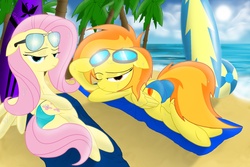 Size: 1920x1280 | Tagged: safe, artist:spitshy, fluttershy, spitfire, pegasus, pony, g4, beach, bedroom eyes, bikini, bikini bottom, blue swimsuit, butt, clothes, duo, female, floppy ears, flutterbutt, goggles, looking back, mare, on side, plot, plot pair, prone, stupid sexy spitfire, sunglasses, sweat, swimsuit, topless