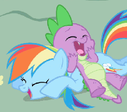 Size: 400x355 | Tagged: safe, screencap, rainbow dash, spike, dragon, pegasus, pony, friendship is magic, g4, season 1, animated, duo, duo male and female, eyes closed, female, gif, laughing, lying down, mare, on back, open mouth, open smile, prone, smiling, sploot