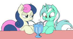 Size: 1264x690 | Tagged: safe, artist:asher12, artist:joey darkmeat, bon bon, lyra heartstrings, sweetie drops, earth pony, pony, unicorn, g4, drink, duo, duo female, female, mare, milkshake, sharing a drink, simple background, straw, transparent background