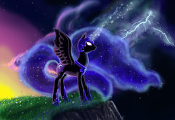 Size: 1024x701 | Tagged: safe, artist:sylverwind-wolfenkin, nightmare moon, alicorn, pony, g4, cliff, female, glowing eyes, lightning, mare, profile, solo