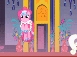 Size: 350x260 | Tagged: safe, screencap, pinkie pie, earth pony, pony, g4, season 1, the best night ever, animated, bouncing, clothes, cute, diapinkes, dress, excited, female, gala dress, gif, grin, horses doing horse things, it's coming right at us, mare, pinkie bounce, ponk, pronking, smiling, solo