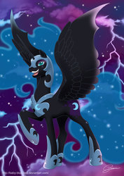 Size: 1024x1448 | Tagged: safe, artist:baby-blue-bell, nightmare moon, alicorn, pony, g4, female, lightning, mare, open mouth, raised hoof, solo, spread wings, wings