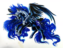 Size: 1839x1421 | Tagged: safe, artist:lucky978, nightmare moon, alicorn, pony, g4, female, flying, mare, simple background, solo, white background