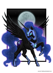 Size: 1200x1636 | Tagged: safe, artist:royallycrimson, nightmare moon, alicorn, pony, g4, female, mare, moon, raised hoof, spread wings, wings