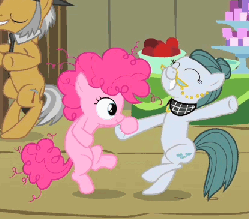 Size: 416x366 | Tagged: safe, screencap, cloudy quartz, igneous rock pie, pinkie pie, earth pony, pony, g4, season 1, the cutie mark chronicles, animated, bipedal, cropped, dancing, female, filly, filly pinkie pie, foal, gif, male, mare, mother and child, mother and daughter, party, pie family, smiling, stallion, when he smiles, when she smiles, younger