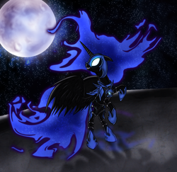 Size: 1259x1226 | Tagged: safe, artist:myhysteria, nightmare moon, alicorn, pony, g4, armor, female, glowing eyes, grin, looking back, mare, moon, peytral, rearing, smiling, solo, stars