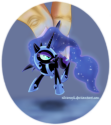 Size: 654x736 | Tagged: safe, artist:zymonasyh, nightmare moon, alicorn, human, pony, g4, angry, female, hand, holding a pony, in goliath's palm, mare, micro, peytral, solo focus