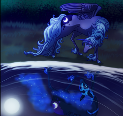 Size: 992x939 | Tagged: safe, artist:aira90, nightmare moon, princess luna, alicorn, horse, pony, g4, cloven hooves, duality, female, hoers, mare, moon, reflection, s1 luna, solo, style emulation, the last unicorn, unshorn fetlocks, water