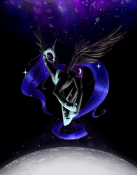 Size: 941x1200 | Tagged: safe, artist:naboolars, nightmare moon, alicorn, pony, the moon rises, g4, ethereal mane, eyes closed, female, looking back, mare, moon, peytral, solo, spread wings, starry mane, wings