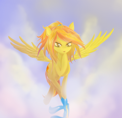 Size: 1197x1153 | Tagged: safe, artist:v-invidia, spitfire, pegasus, pony, g4, clothes, colored pupils, female, flying, mare, smiling, smirk, solo, spread wings, undressing, uniform, wings, wonderbolts uniform