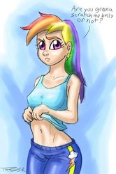 Size: 540x814 | Tagged: safe, artist:pluckyninja, rainbow dash, human, g4, belly button, bellyrubs, clothes, female, frown, humanized, looking at you, midriff, shirt, shirt lift, solo, tank top
