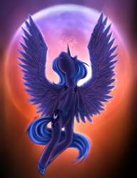 Size: 2098x2728 | Tagged: safe, artist:sensum, artist:weresquirrel94, princess luna, alicorn, pony, g4, backlighting, female, flying, mare, moon, perspective, pose, red, s1 luna, solo, spread wings, wings
