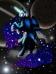 Size: 3500x4592 | Tagged: safe, artist:vardastouch, nightmare moon, alicorn, pony, g4, female, glowing eyes, mare, moon, rearing, solo, space, stars