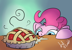 Size: 1280x882 | Tagged: safe, artist:atryl, pinkie pie, earth pony, pony, drool, female, gradient background, mare, pie, solo, soon, tongue out, want