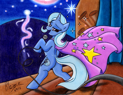 Size: 1200x928 | Tagged: safe, artist:blazelupine, trixie, pony, unicorn, g4, bipedal, butt, cape, clothes, female, fireworks, lidded eyes, looking back, mare, microphone, night, outdoors, plot, smiling, stage, the great and powerful ass