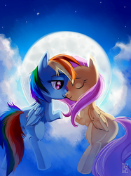 Size: 1452x1940 | Tagged: safe, artist:si1vr, fluttershy, rainbow dash, pegasus, pony, g4, backlighting, duo, female, flying, lesbian, mare, moon, night, nuzzling, ship:flutterdash, shipping, smiling