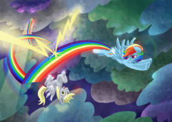 Size: 900x641 | Tagged: safe, artist:ladyponies, artist:leavingcrow, derpy hooves, rainbow dash, pegasus, pony, g4, cloud, cloudy, duo, duo female, female, flying, lightning, mare, rainbow trail, upside down