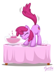 Size: 749x1000 | Tagged: safe, artist:mysticalpha, berry punch, berryshine, earth pony, pony, g4, ass up, berrybetes, cute, eyes closed, female, mare, punch bowl, solo, table, tail wag