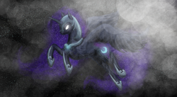 Size: 984x539 | Tagged: safe, artist:buttonsthecatt, nightmare moon, alicorn, pony, g4, female, flying, glowing eyes, mare, solo
