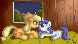 Size: 1920x1080 | Tagged: safe, artist:twilightsquare, applejack, rarity, earth pony, pony, unicorn, g4, boop, eye contact, female, hay, indoors, lesbian, looking at each other, mare, noseboop, prone, rain, ship:rarijack, shipping, wallpaper, wet mane