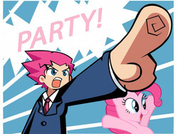 Size: 500x375 | Tagged: safe, pinkie pie, earth pony, human, pony, g4, abstract background, ace attorney, declarative finger, duo, female, male, mare, party, phoenix wright, pointing, yay