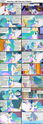 Size: 1282x3661 | Tagged: safe, edit, edited screencap, screencap, fluttershy, princess celestia, princess luna, twilight sparkle, alicorn, pegasus, pony, unicorn, comic:celestia's servant interview, g4, caption, comic, female, interview, male, mare, princess, royal guard, s1 luna, stallion