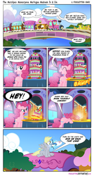 Size: 1017x1900 | Tagged: safe, artist:pixelkitties, derpy hooves, pinkie pie, earth pony, pegasus, pony, g4, abdominal bulge, accidental vore, belly, cartoon physics, comic, derpypred, duo, female, friendship express, hammerspace, hammerspace belly, mare, marzipan mascarpone meringue madness, object vore, pica, pinkie prey, plate, portal, portal (valve), portal gun, round belly, sitting, stuffed belly, vore, wat